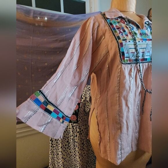 Ivy Jane Embroidered Bohemian Blouse Metallic Silver Size S - Picture 3 of 11